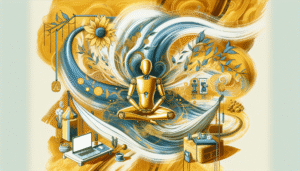 AI figure meditating in golden workspace – symbolizing work-life balance through automation and mindfulness.”