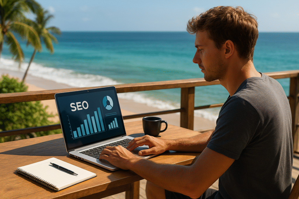 Digital nomad working on SEO analytics from a beachfront coworking space in Chiang Mai, Thailand, with a laptop, coffee mug, and notebook on a wooden desk.