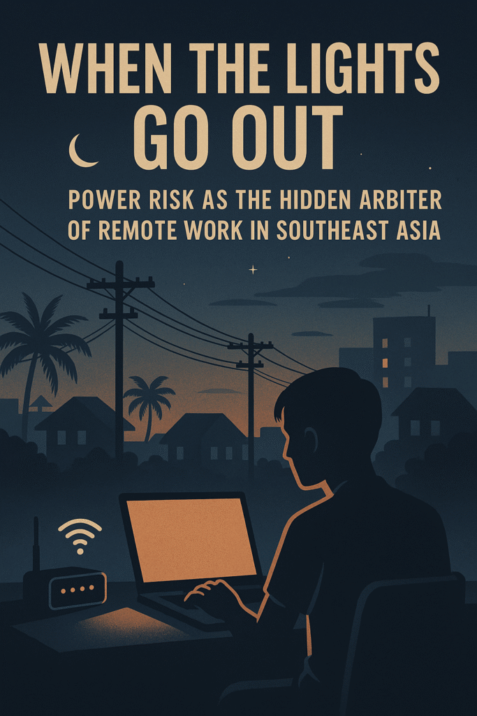 An illustration of a digital nomad working on a laptop at a tropical Southeast Asian beach during sunset. Power lines stretch overhead from a nearby utility pole, with a cord running from the pole to the laptop, symbolizing reliance on electricity. In the background, palm trees, a temple, and a city skyline reflect the contrast between nature, culture, and remote work infrastructure.