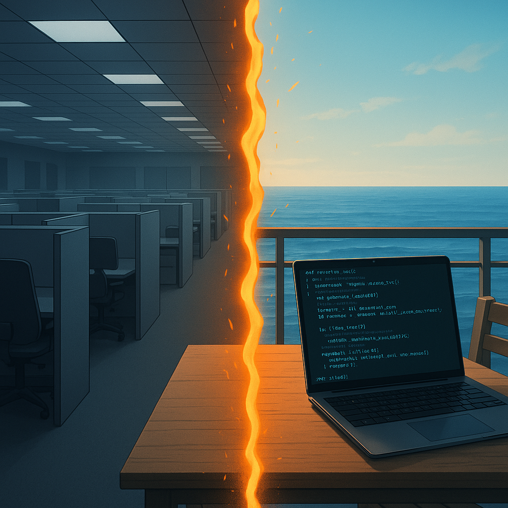 “Cinematic illustration showing a gray office full of cubicles under fluorescent lights on the left, contrasted with a sunlit balcony workspace overlooking the ocean on the right. A glowing orange digital flame divides the two halves, symbolizing transformation from office control to AI-powered independence.”
