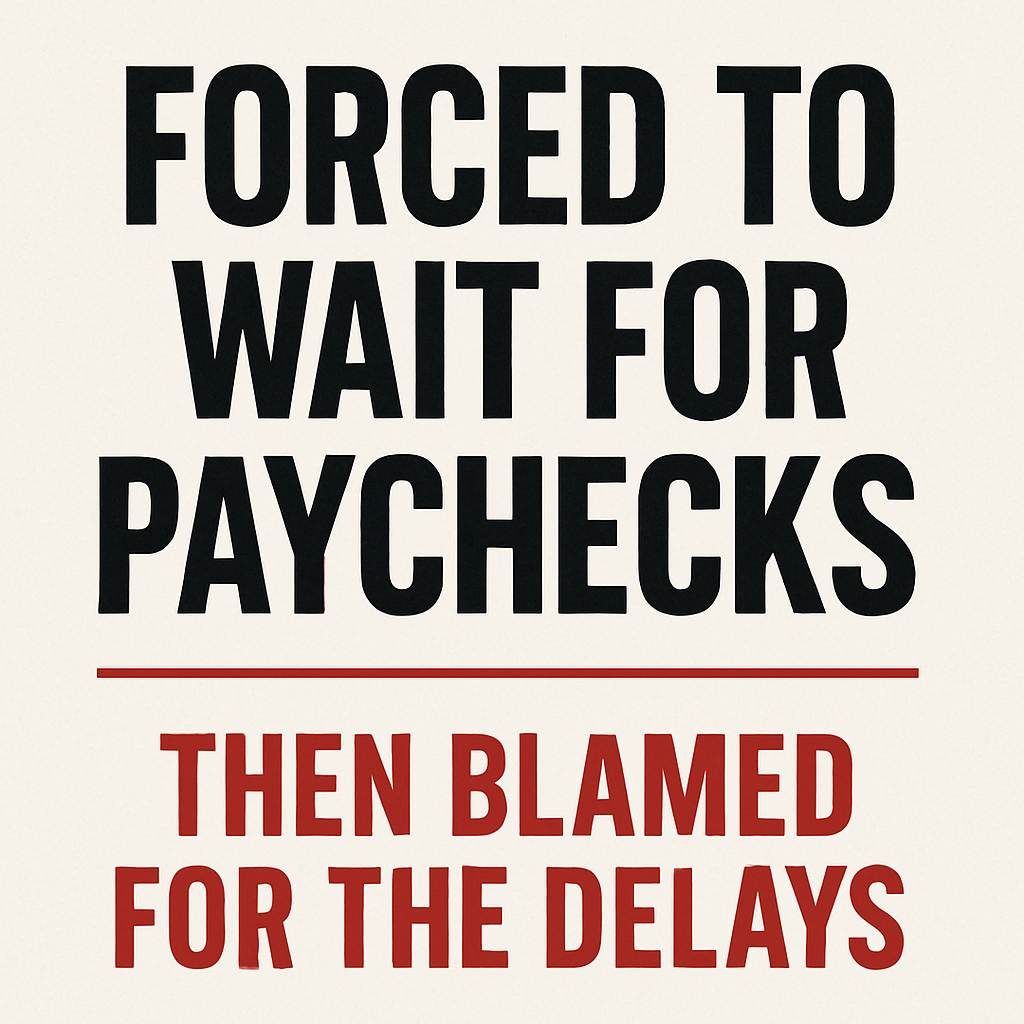 A bold editorial-style graphic featuring the headline “FORCED TO WAIT FOR PAYCHECKS” in large black uppercase letters, separated by a thin red line from the subheading “THEN BLAMED FOR THE DELAYS” in red uppercase letters below. The background is off-white, creating a stark, minimalist contrast that emphasizes urgency and injustice.