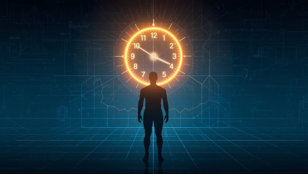 “A silhouette of a human figure standing in front of a glowing orange clock on a blue scientific grid background, symbolizing circadian rhythm, time-restricted eating, and metabolic health.”