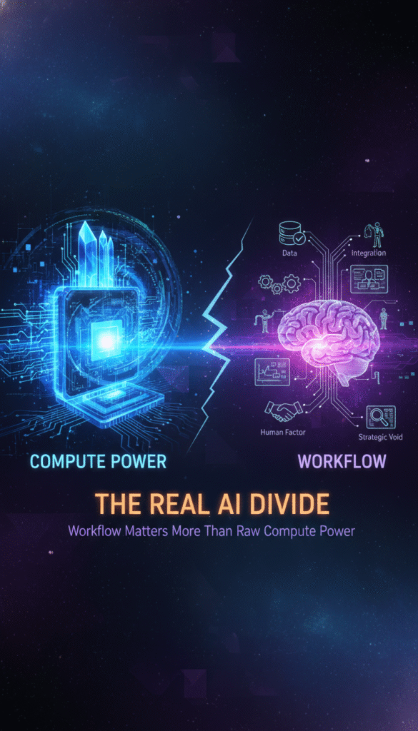 A futuristic digital artwork contrasting Compute Power and Workflow to illustrate “The Real AI Divide.” On the left, a glowing blue microchip emits crystalline energy patterns, symbolizing raw computing capability. On the right, a purple neural brain represents workflow intelligence, surrounded by icons labeled “Data,” “Integration,” “Human Factor,” and “Strategic Void.” A jagged light split divides the two sides, with text below reading: “THE REAL AI DIVIDE – Workflow Matters More Than Raw Compute Power.” The design conveys that effective workflow design is more critical than sheer computational resources in advancing AI systems.