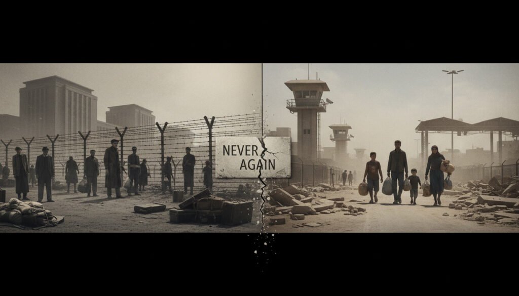 A split-image showing two different eras of displacement. On the left, a sepia-toned scene of people standing behind barbed-wire fences in what resembles a World War II camp setting, holding luggage and waiting under guard towers. On the right, a modern Middle Eastern family walks through a bomb-damaged checkpoint surrounded by rubble and watchtowers. A cracked sign in the center reads “NEVER AGAIN,” symbolizing the failure of that promise across time.