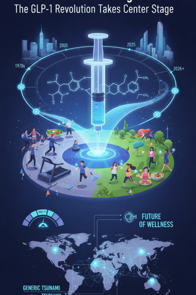 Futuristic infographic showing a GLP-1 injection timeline from the 1970s to 2026+, with a syringe at the center and scenes of exercise, food choices, and a global map illustrating wellness trends and policy impacts.